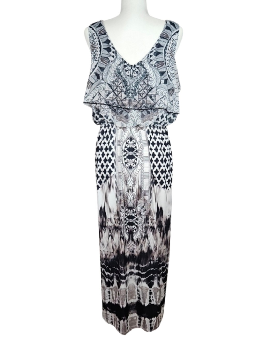 Abstract Print Dress Soft Lightweight Maxi Travel Vacation Boho Black White, L